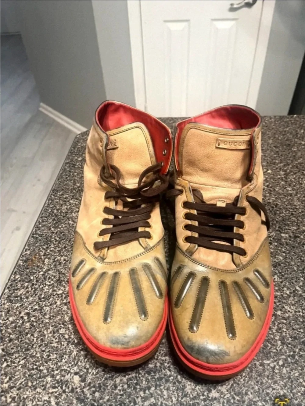 Gucci Tan and Red High-Top Leather Boots